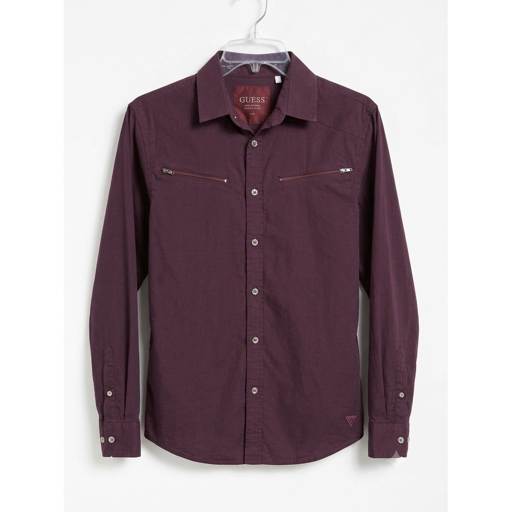 Guess Men's Maroon Button Up Shirt Zip Pocket Detail Size S Utility Style